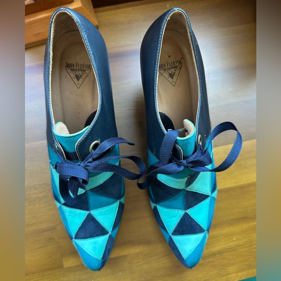 Fluevog EXCELLENT Purpose Scheme angular suede booties in turquoise/navy -7.5/8 - Picture 8 of 16